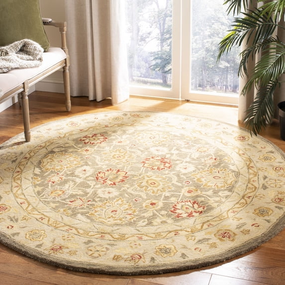 SAFAVIEH Anatolia Sierra Floral Wool Area Rug, Olive Grey/Beige, 4' x 4' Round