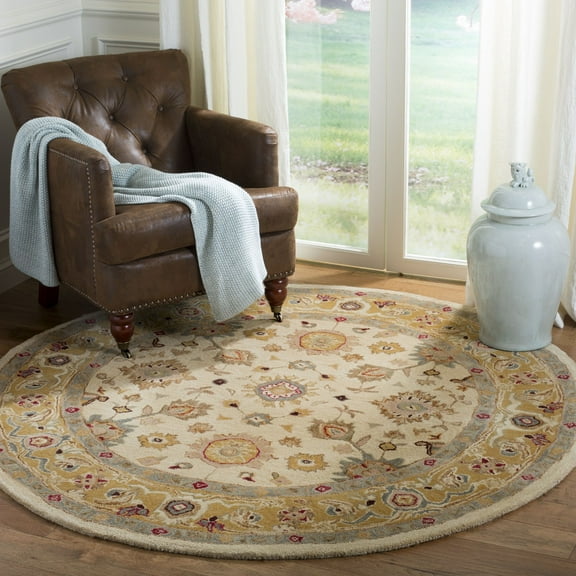 SAFAVIEH Anatolia Stella Floral Area Rug, Ivory/Gold, 4' x 4' Round