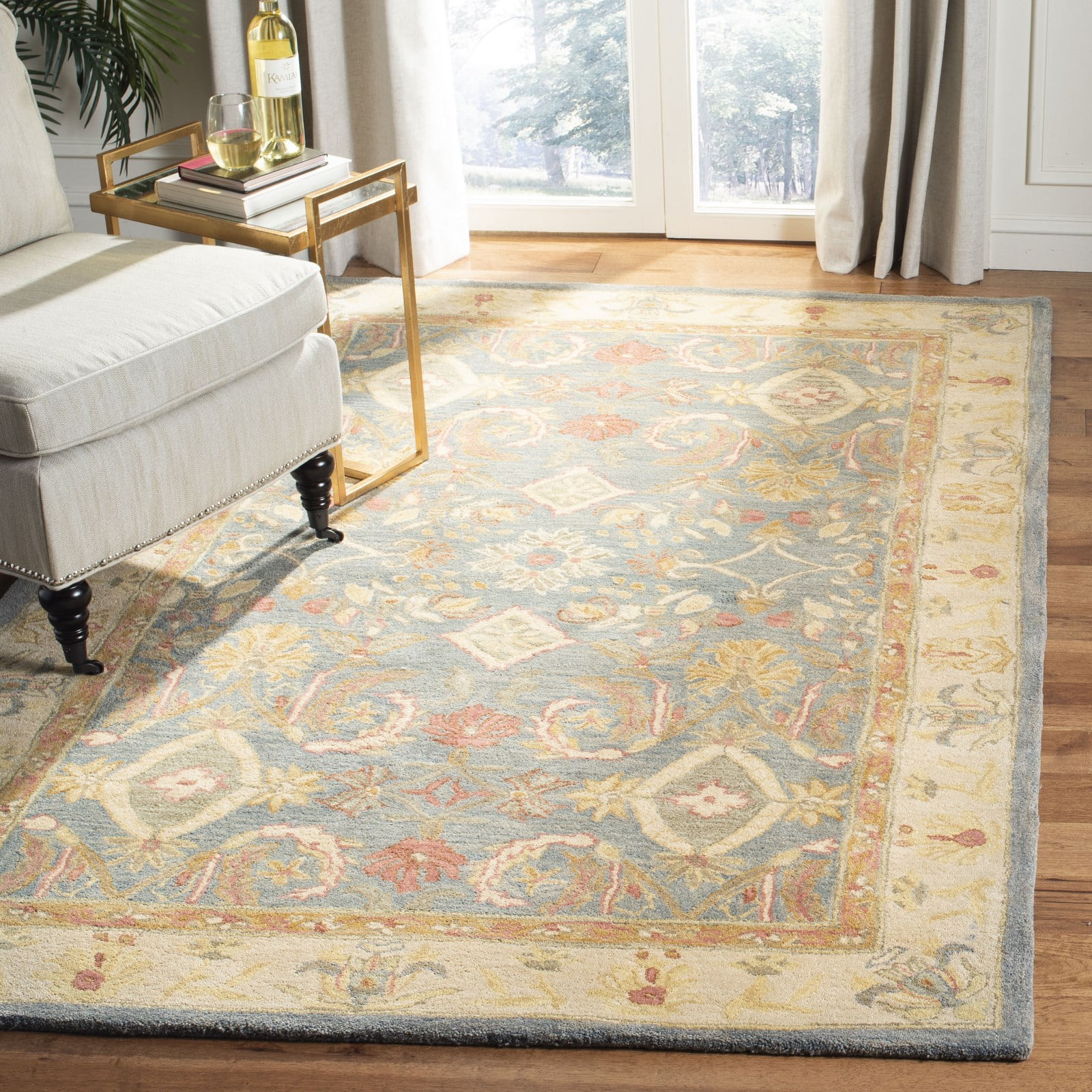 Light Blue Floral Handmade Wool 8' x 10' Area Rug