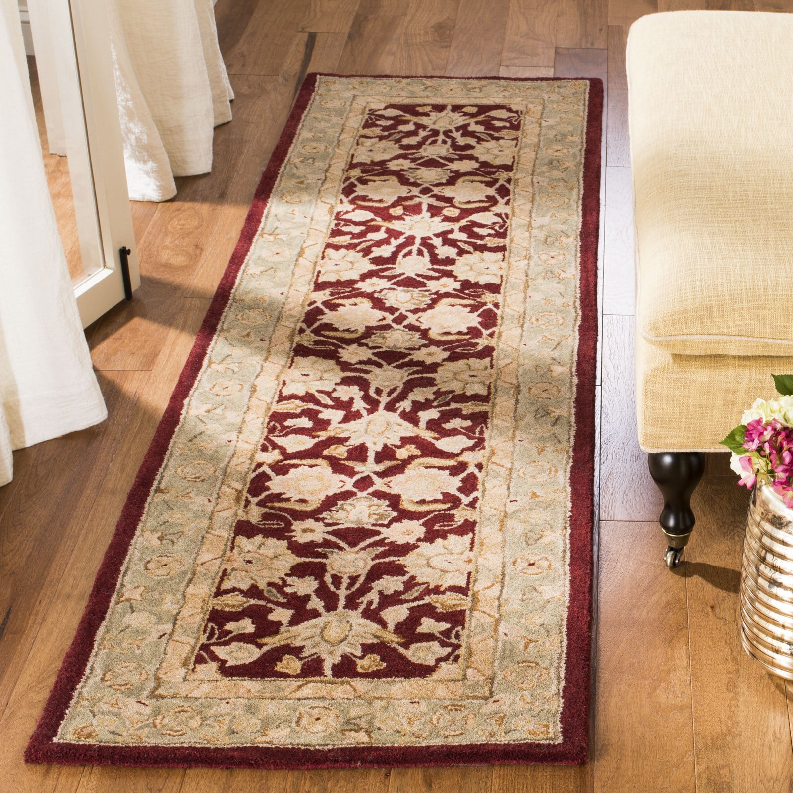 Hand-Tufted Red and Moss Wool Runner Rug, 2'3" x 10'