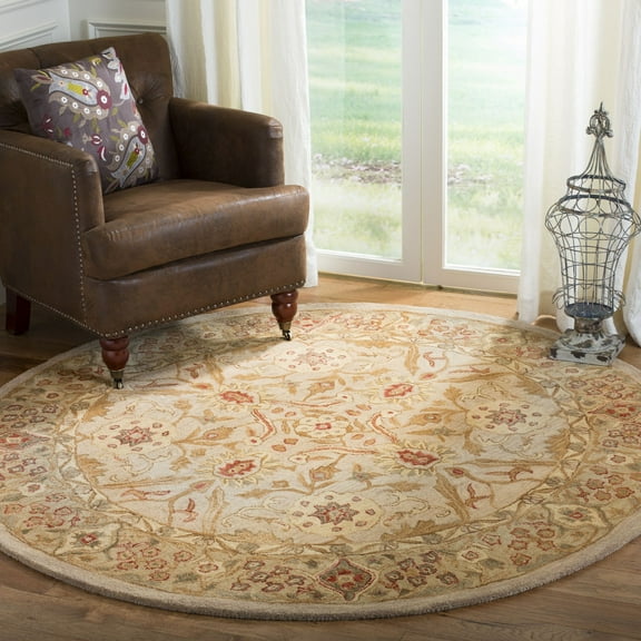 SAFAVIEH Anatolia Trinity Floral Wool Area Rug, Grey Beige/Sage, 6' x 6' Round