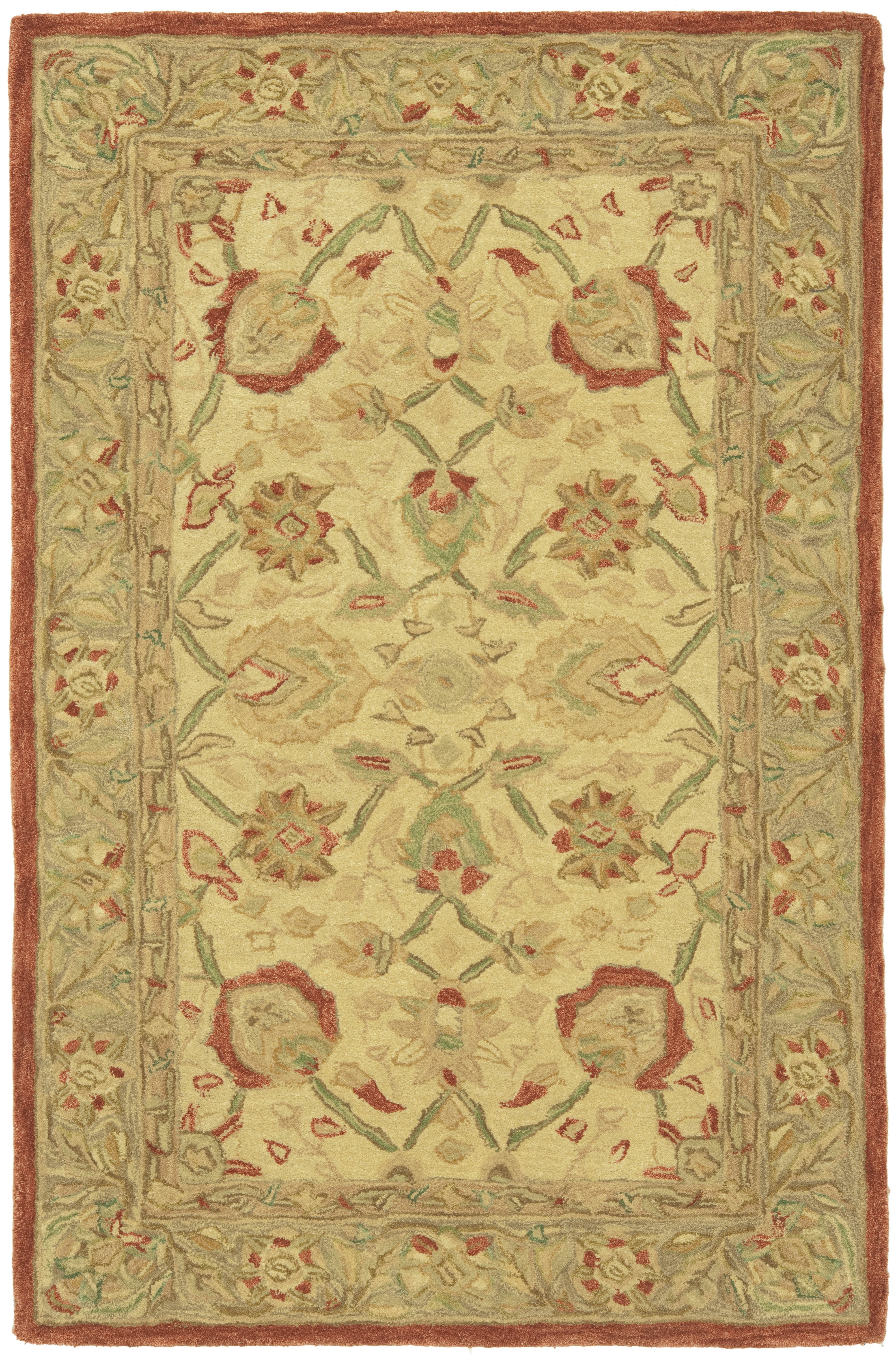 Handmade Beige and Rust Floral Wool Area Rug, 5' x 8'