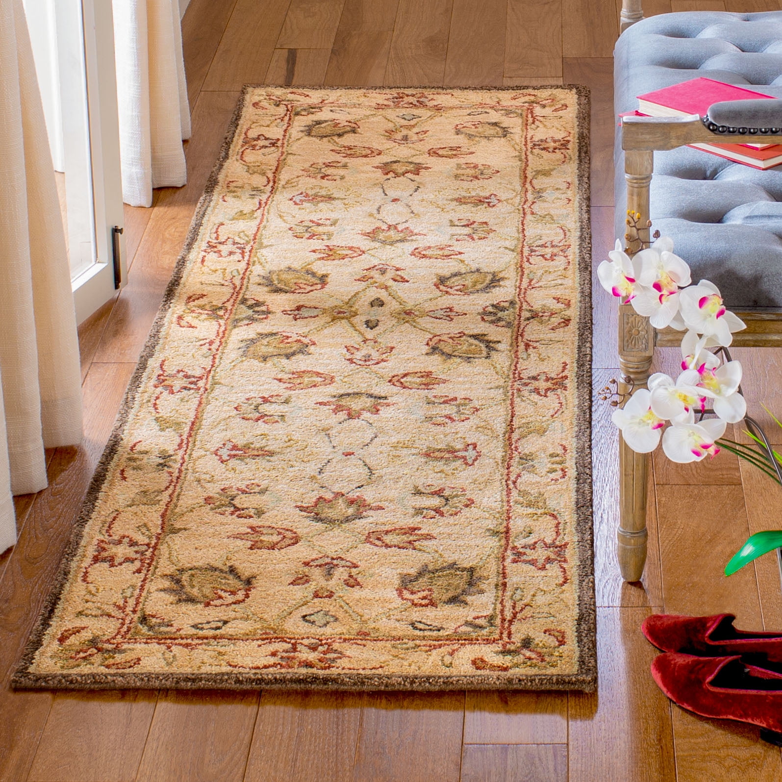 Hand Tufted Beige Wool Runner Rug with Ornate Floral Motifs