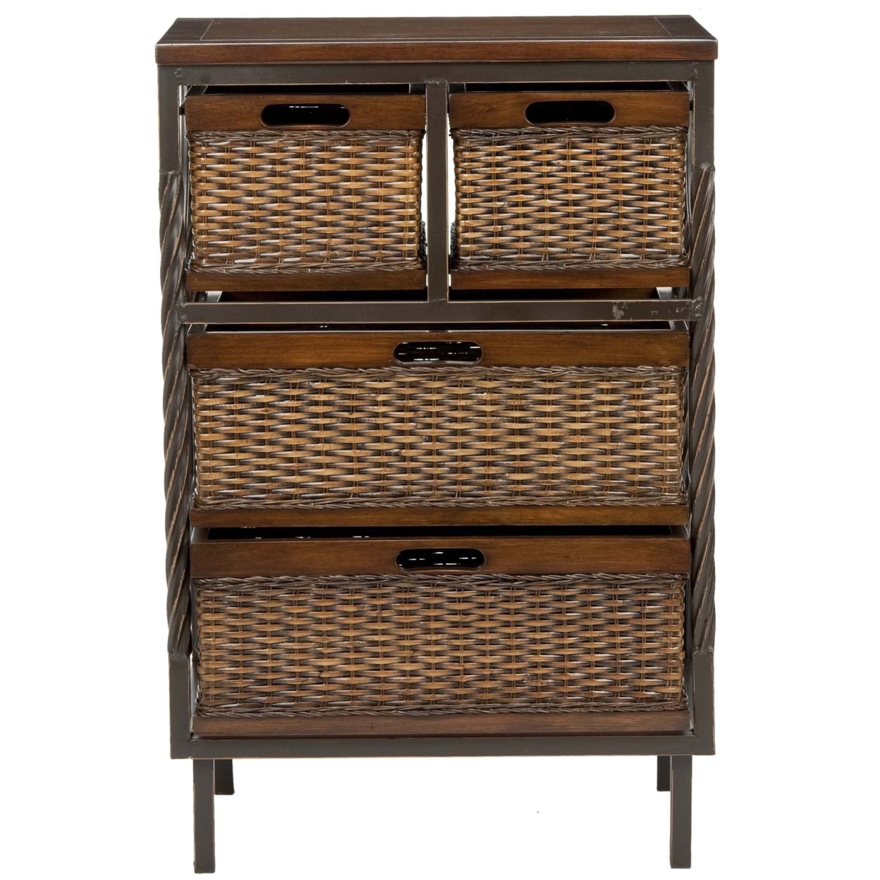 Andrew Dark Teak 4-Drawer Storage Unit with Rattan Baskets