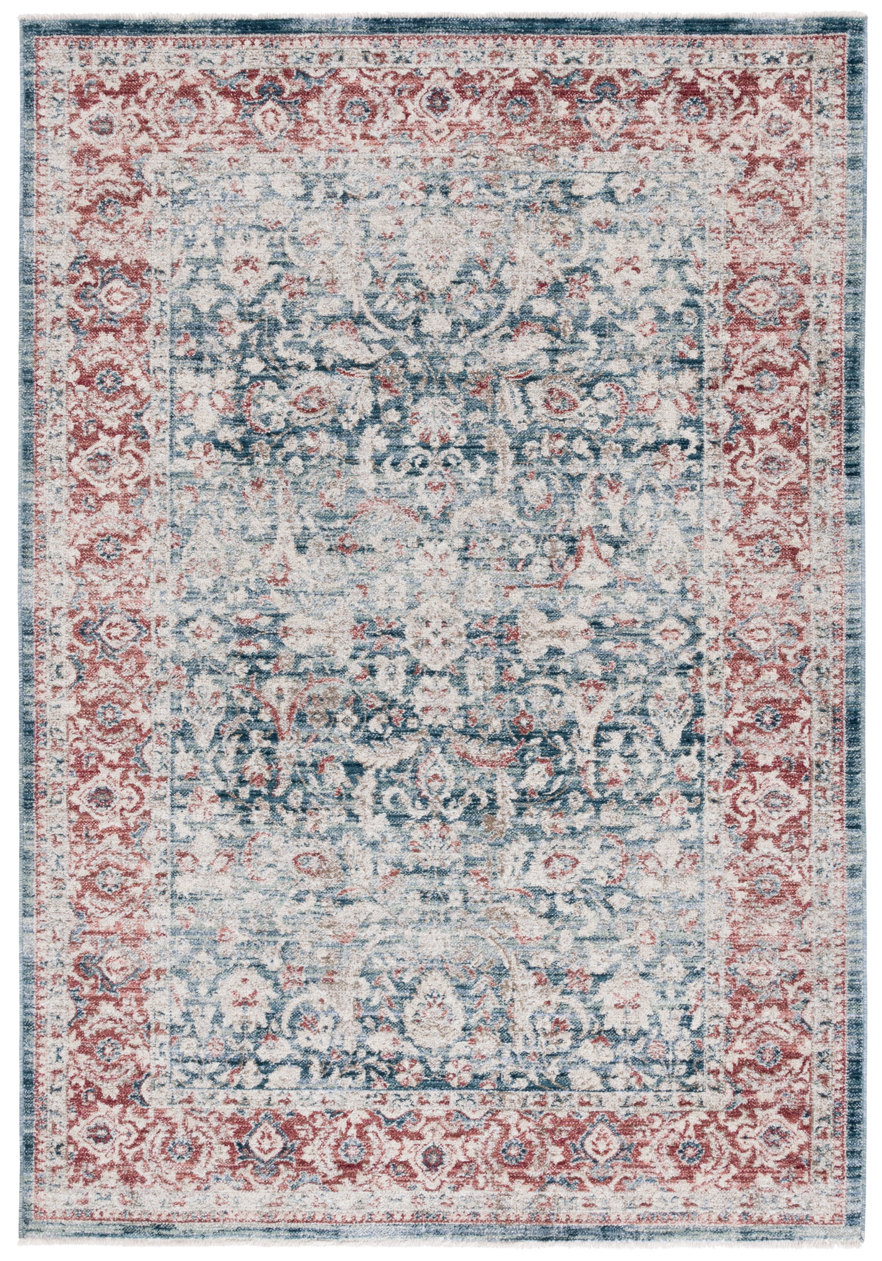 Blue and Rust Hand-Knotted Rectangular Synthetic Area Rug
