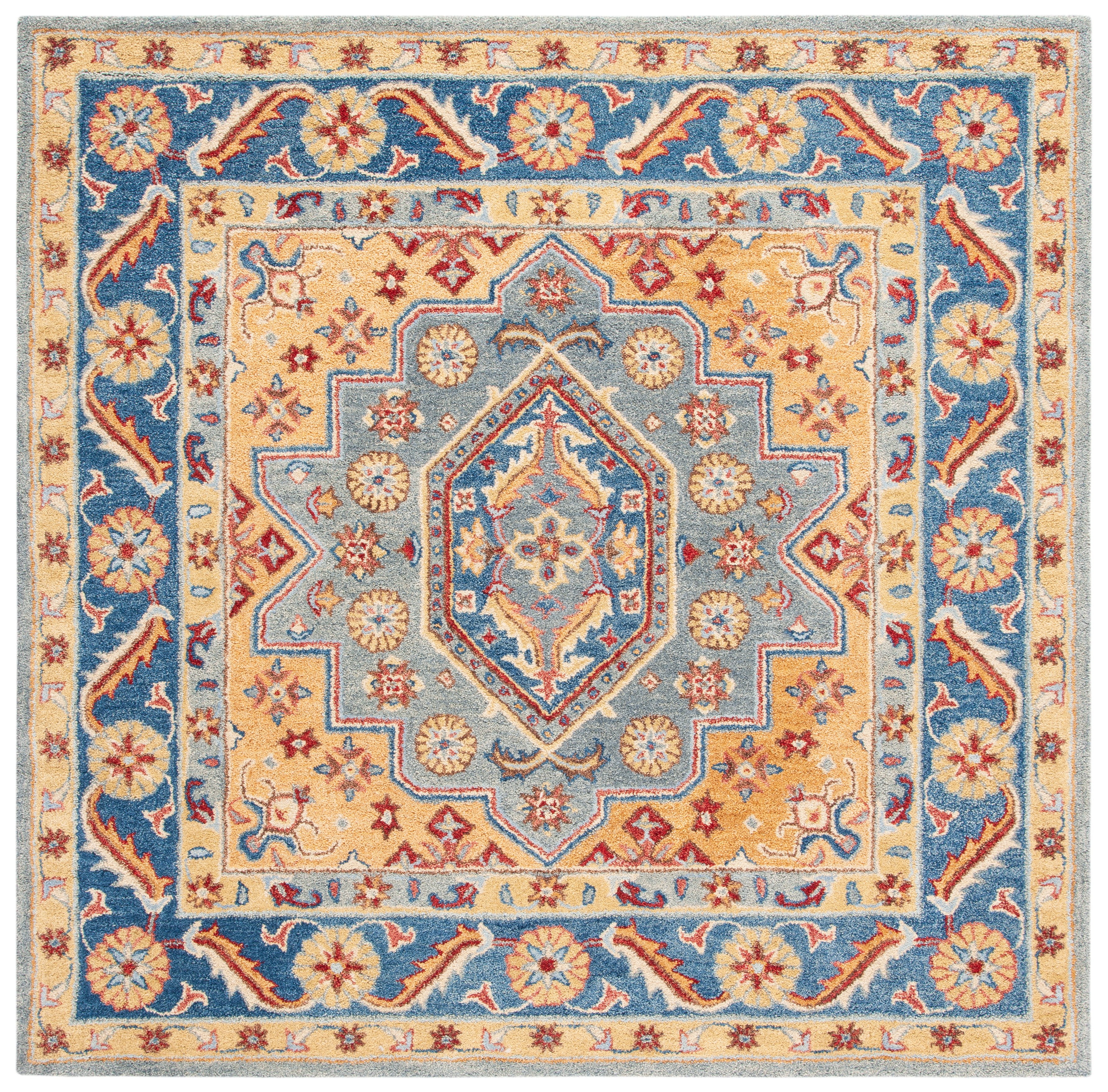 Heirloom Blue and Gold Wool 6' Square Hand-Tufted Rug