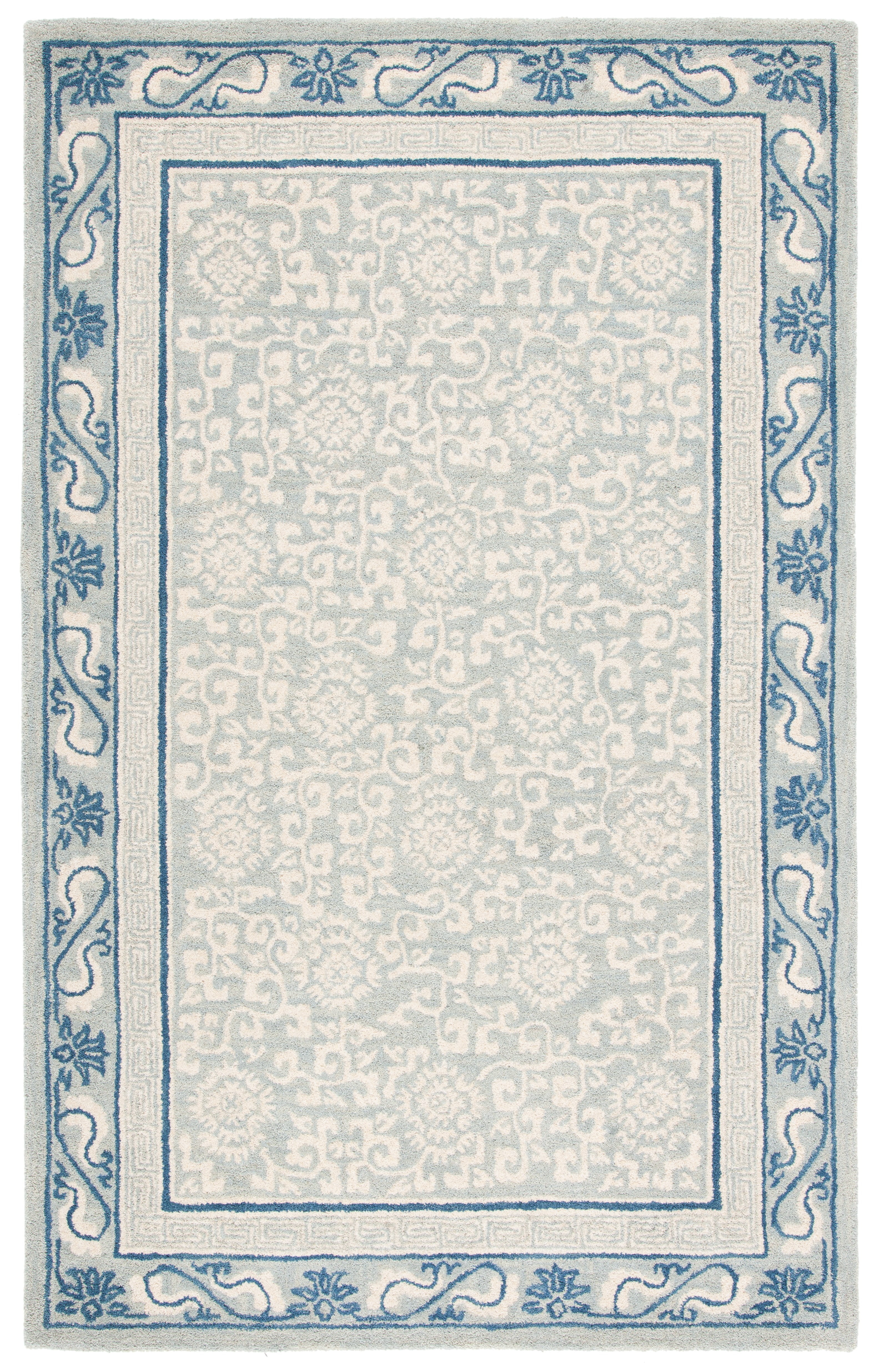 Ivory and Light Blue Tufted Wool Area Rug