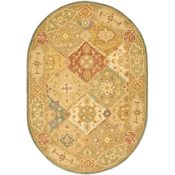 SAFAVIEH Antiquity Augustin Transitional Bordered Wool Area Rug, Multi/Beige, 4'6" x 6'6" Oval