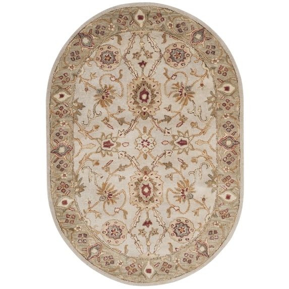 SAFAVIEH Antiquity Bernadette Floral Bordered Wool Area Rug, Grey Beige/Sage, 4'6" x 6'6" Oval