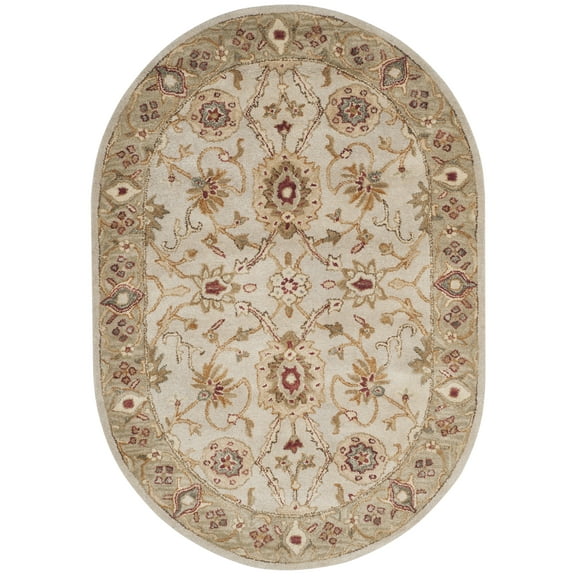 SAFAVIEH Antiquity Bernadette Floral Bordered Wool Area Rug, Grey Beige/Sage, 4'6" x 6'6" Oval