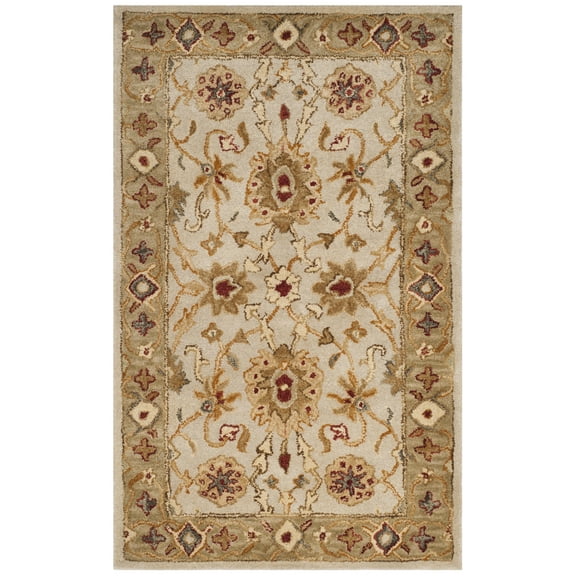 SAFAVIEH Antiquity Bernadette Floral Bordered Wool Area Rug, Grey Beige/Sage, 4' x 6'