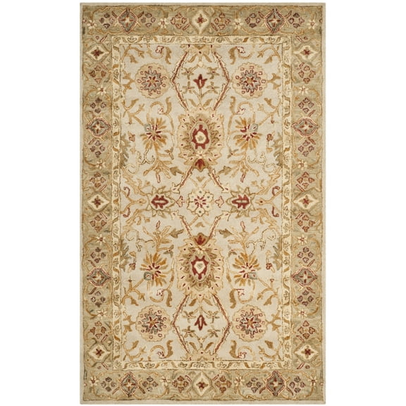 SAFAVIEH Antiquity Bernadette Floral Bordered Wool Area Rug, Grey Beige/Sage, 5' x 8'
