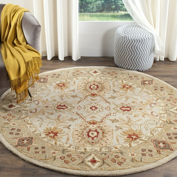 SAFAVIEH Antiquity Bernadette Floral Bordered Wool Area Rug, Grey Beige/Sage, 6' x 6' Round