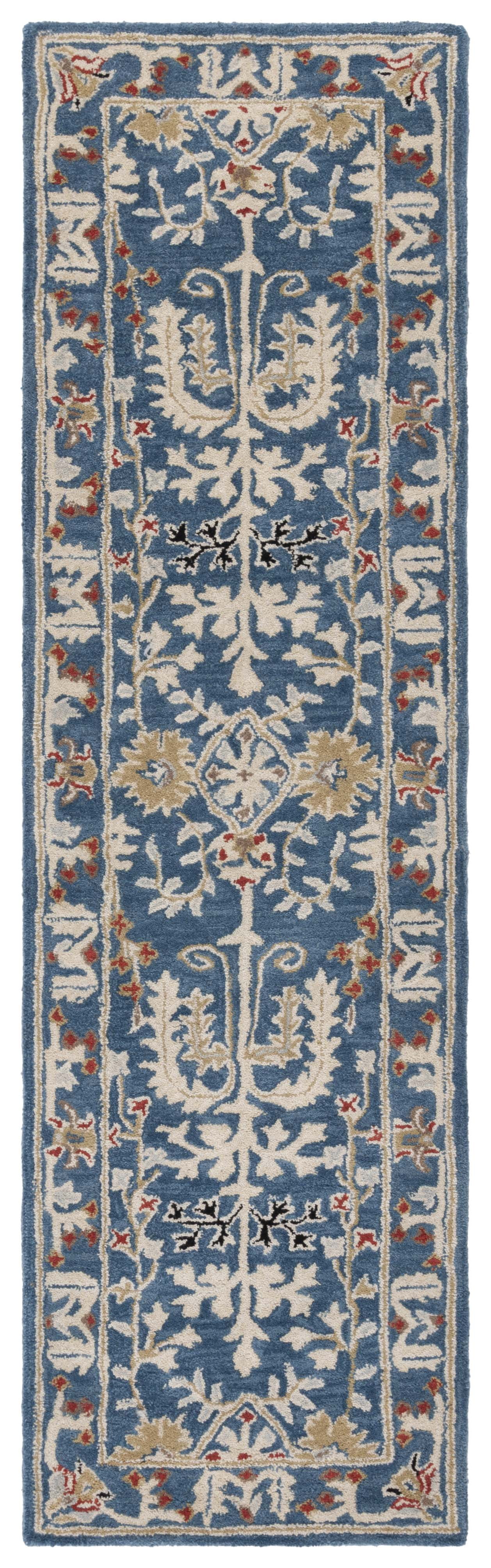 Hand-Tufted Dark Blue Wool Runner Rug with Multicolor Pattern