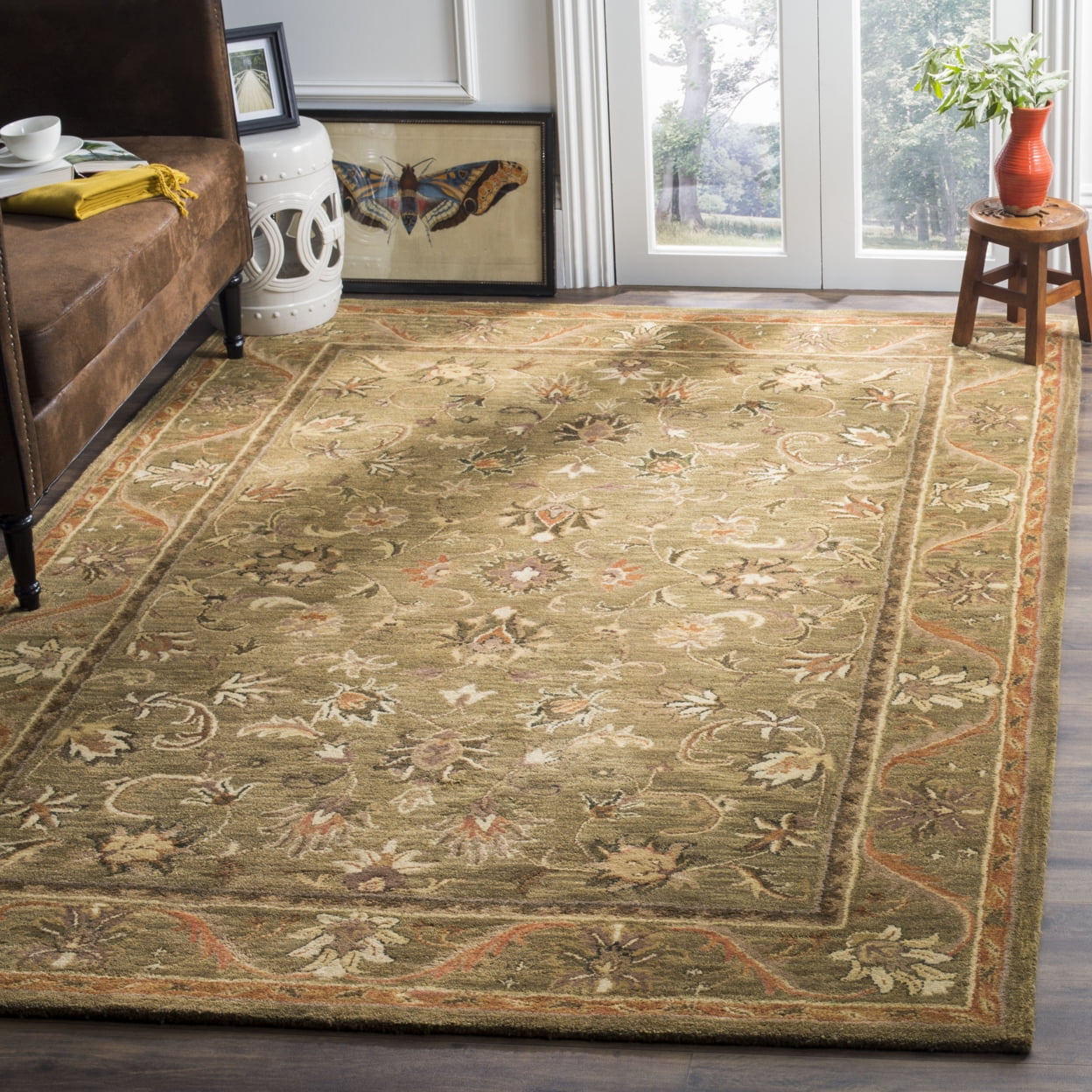 Olive and Gold 8' Square Handmade Wool Floral Area Rug