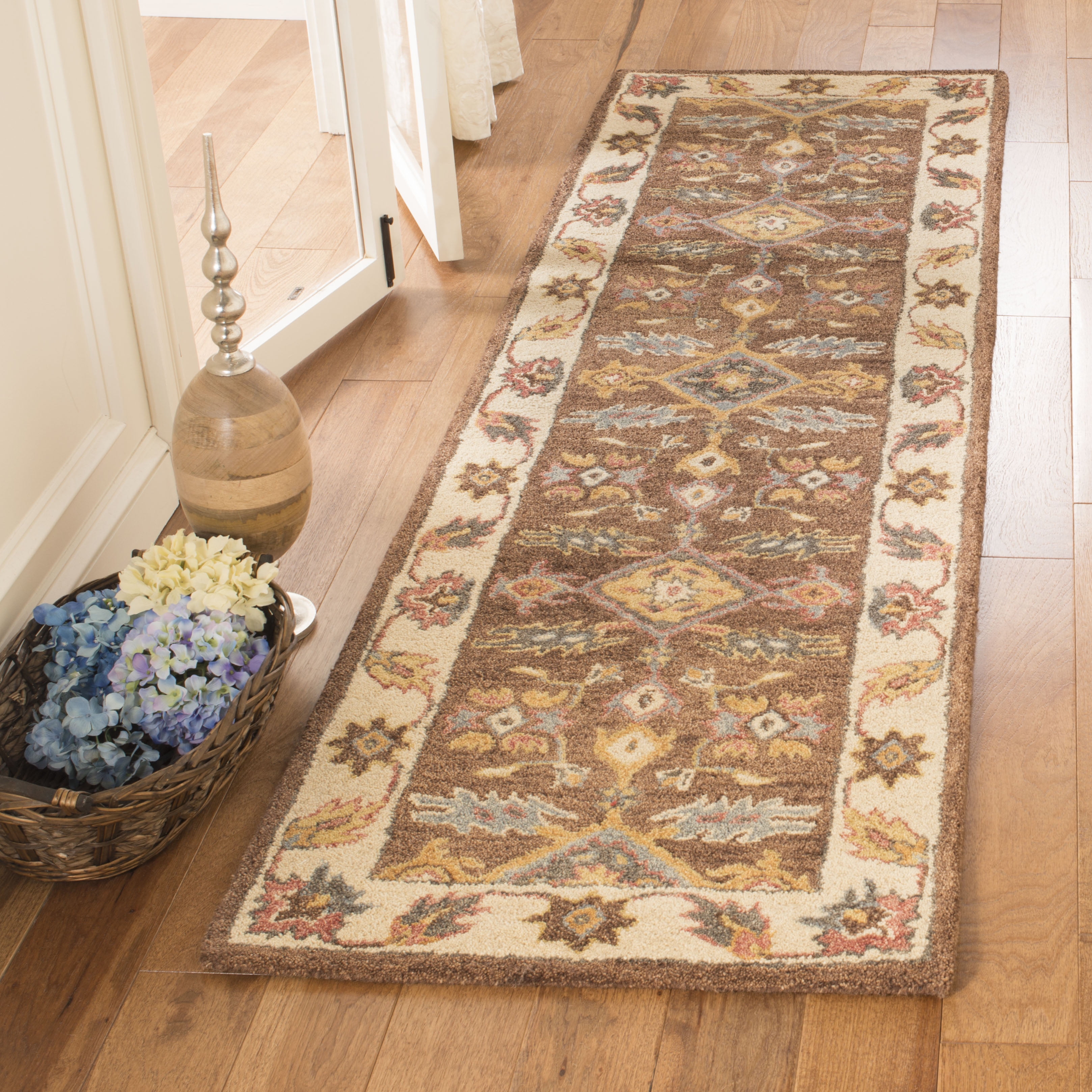 Handmade Ivory and Dark Brown Wool Runner Rug