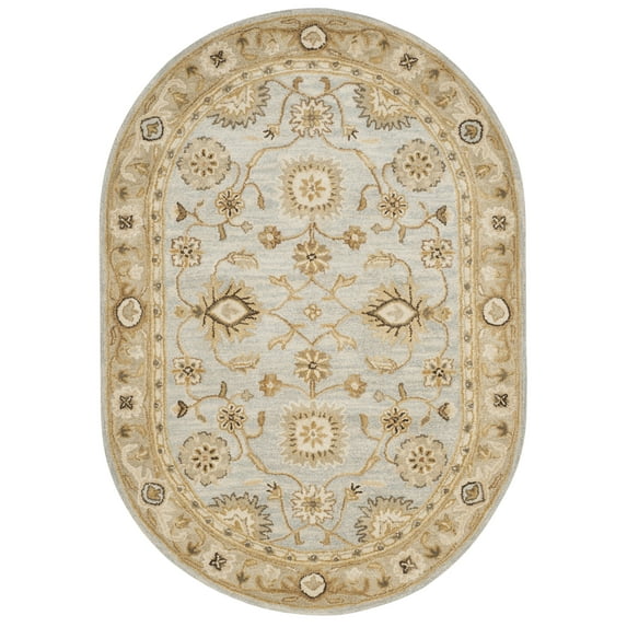 SAFAVIEH Antiquity Ingram Traditional Bordered Wool Area Rug, Light Blue/Sage, 4'6" x 6'6" Oval