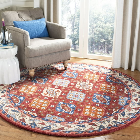 SAFAVIEH Antiquity Jackalynn Geometric Diamonds Wool Area Rug, Red/Blue, 6' x 6' Round