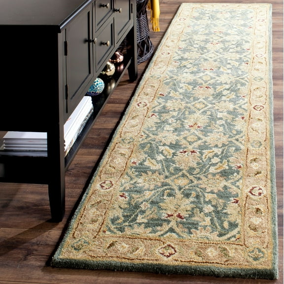 SAFAVIEH Antiquity Lagrange Floral Bordered Wool Runner Rug, Teal Blue/Taupe, 2'3" x 10'