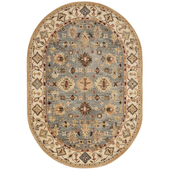 SAFAVIEH Antiquity Langston Floral Bordered Wool Area Rug, Blue/Ivory, 4'6" x 6'6" Oval