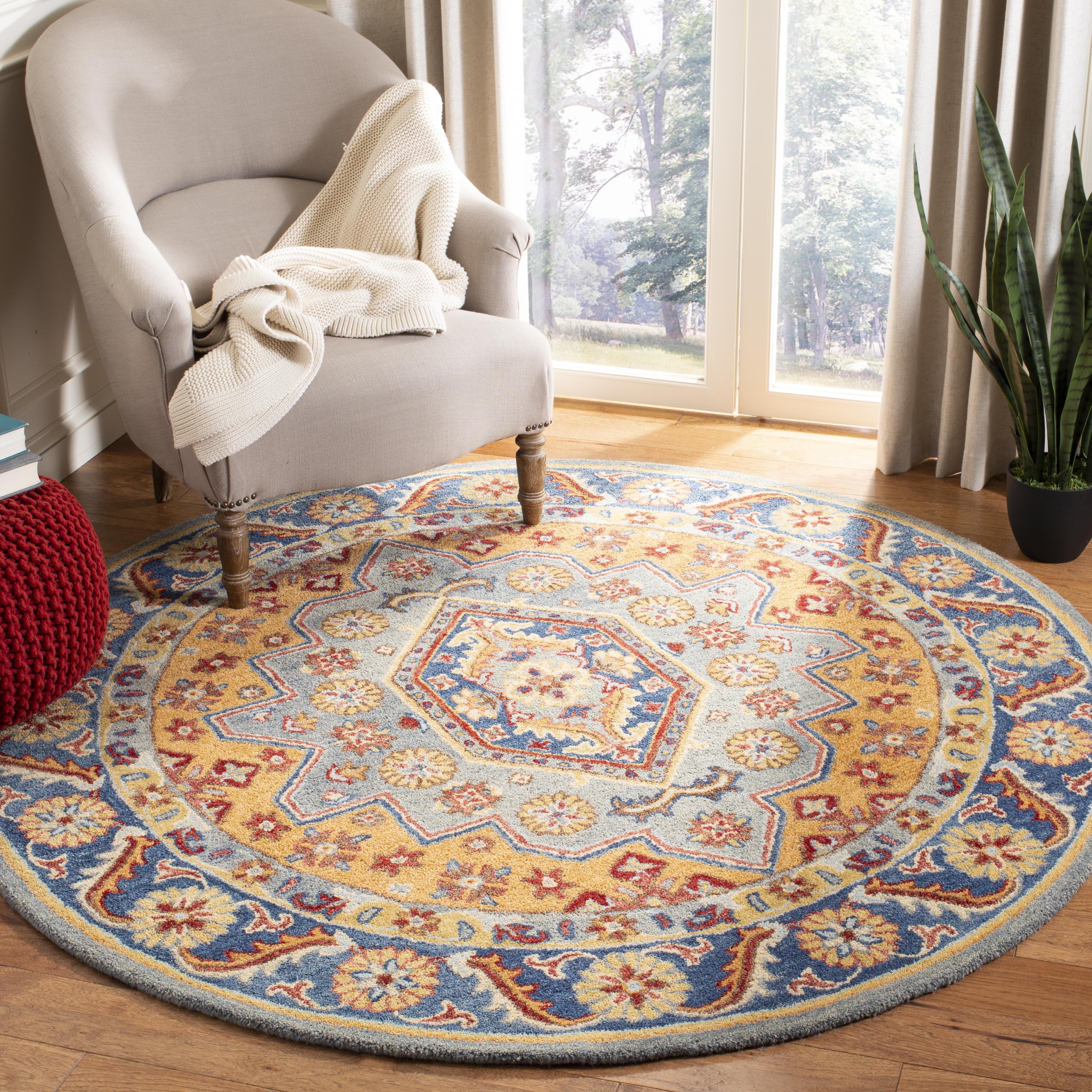 SAFAVIEH Antiquity Napier Traditional Wool Area Rug, Blue/Gold, 6' x 6' Round
