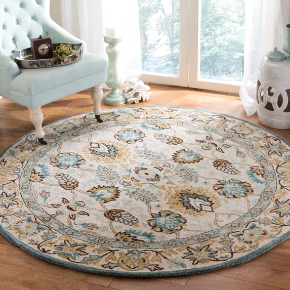 SAFAVIEH Antiquity Weldon Traditional Floral Wool Area Rug, Peacock/Blue, 4' x 4' Round