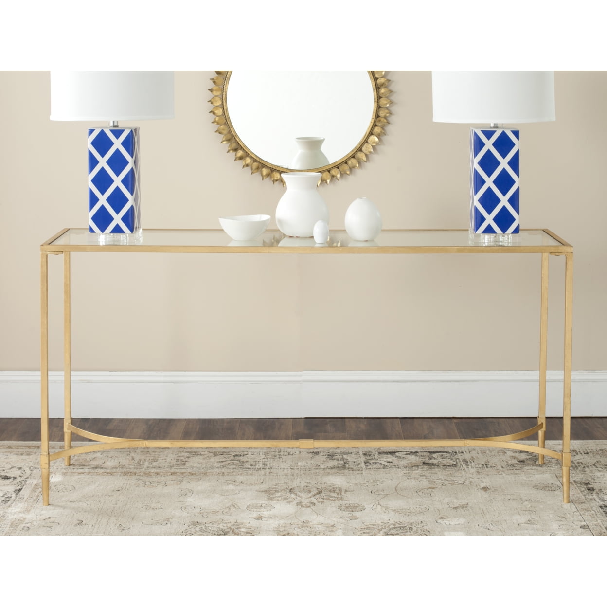 Elegant Transitional Gold Iron & Glass Rectangular Console Table with Storage