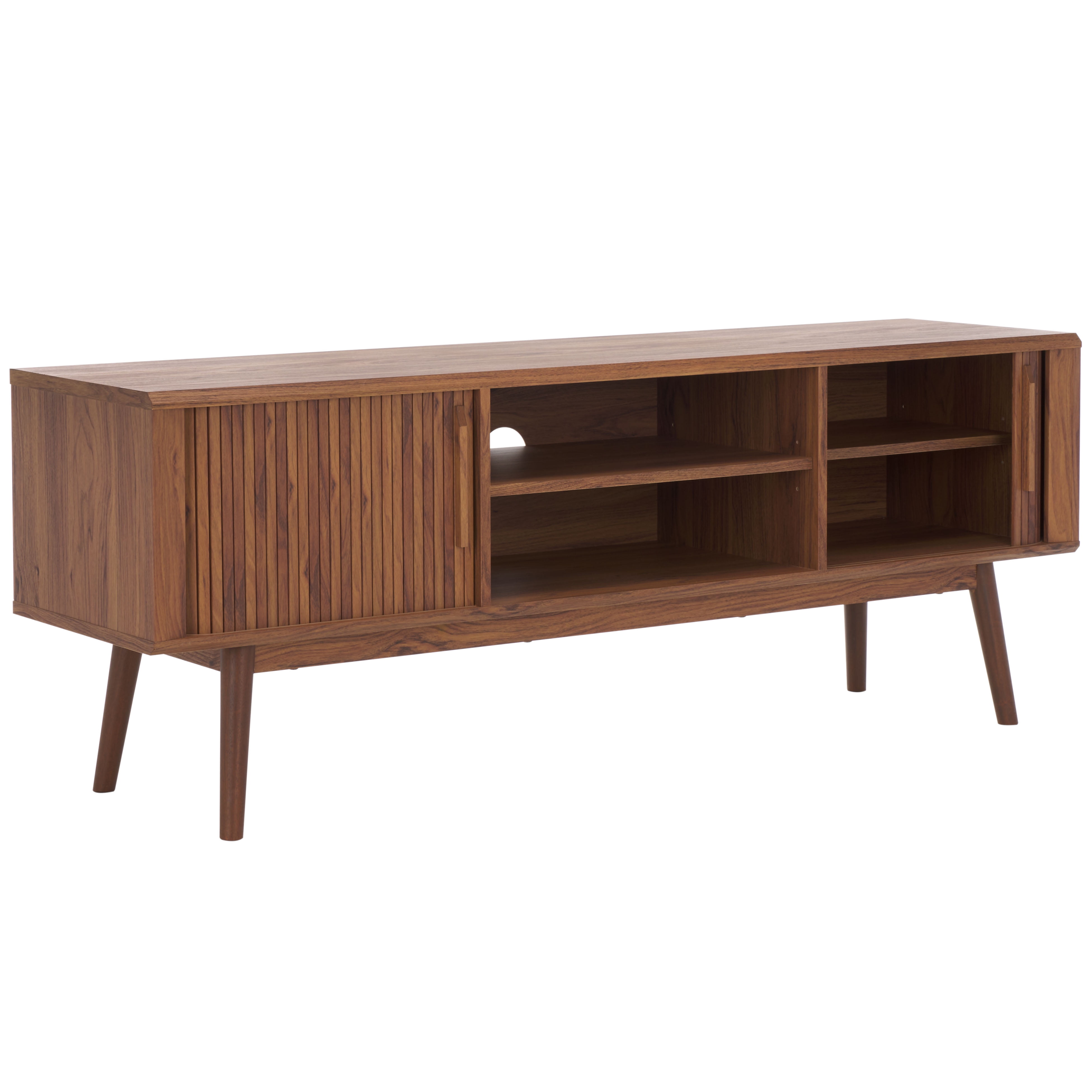 Walnut Mid-Century Modern Media Stand with Sliding Doors