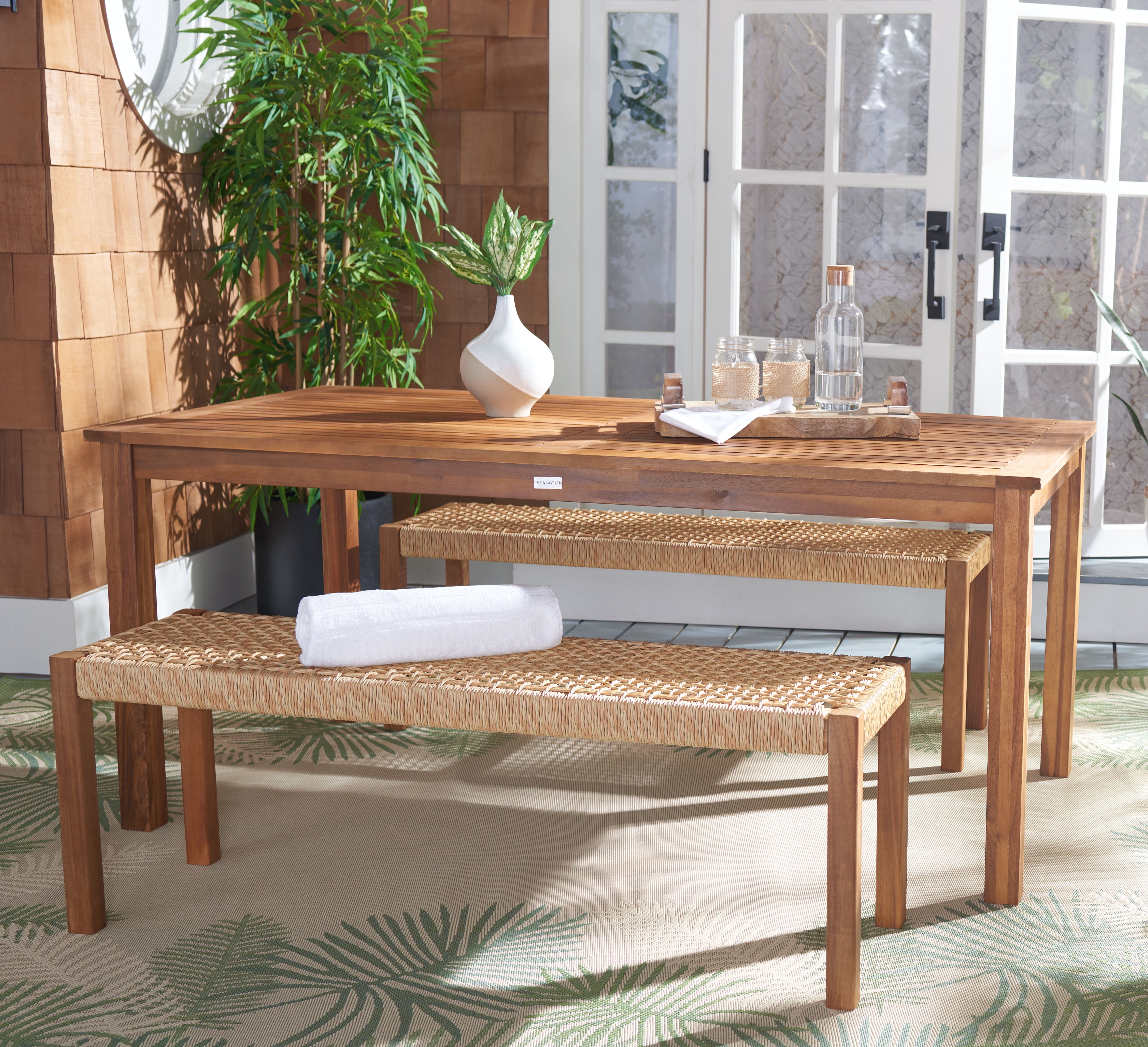 Natural Acacia and Rattan 3-Piece Outdoor Dining Set