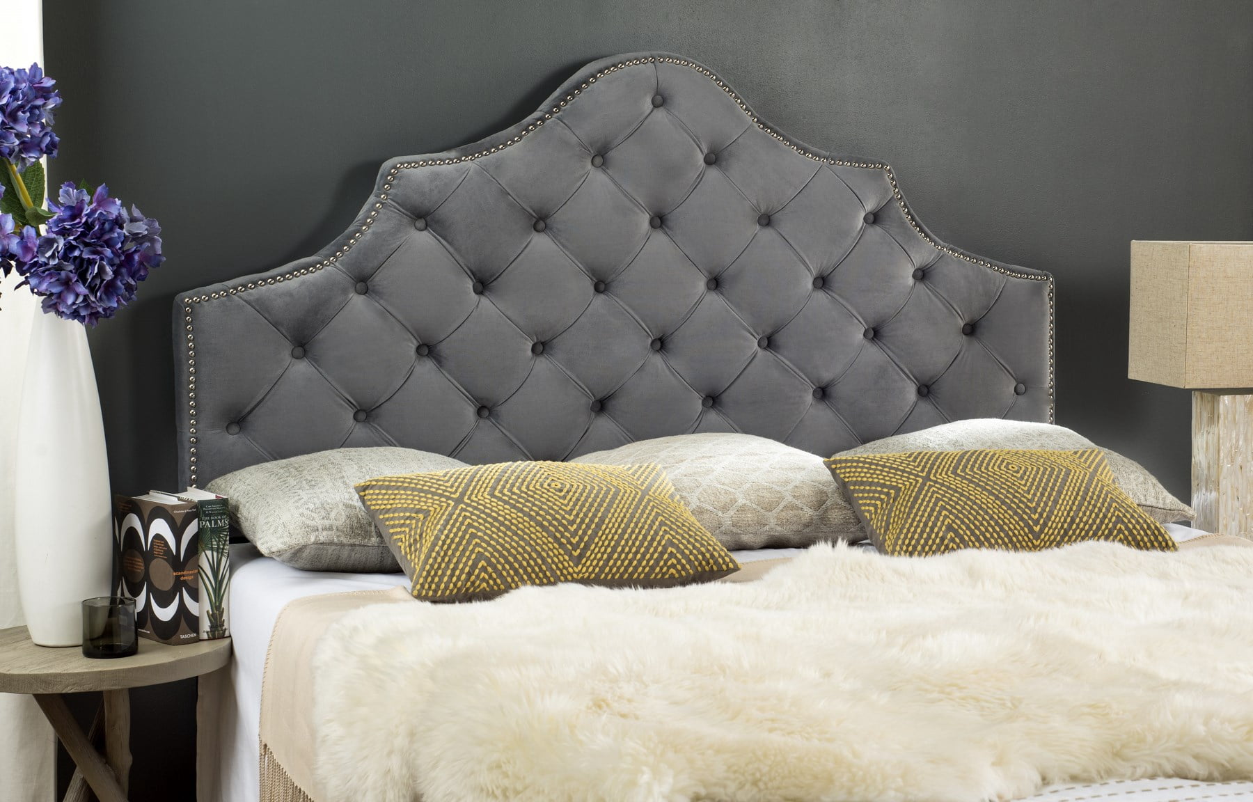 Safavieh Mercer Collection Arebelle Grey Tufted Headboard With Silver Nailhead Trim - Twin Size Upholstered Headboard
