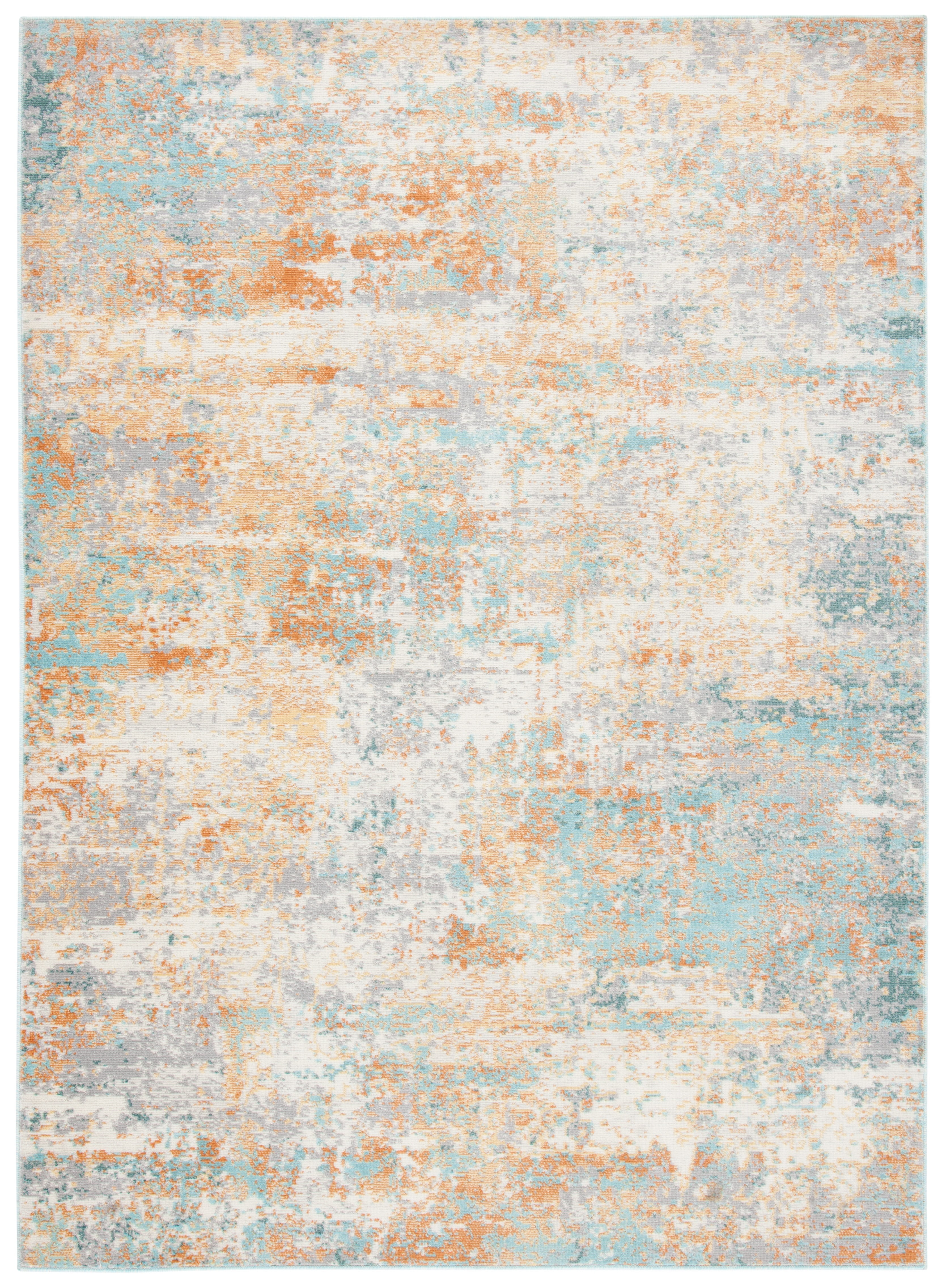 Ivory and Aqua Synthetic Stain-Resistant Square Rug