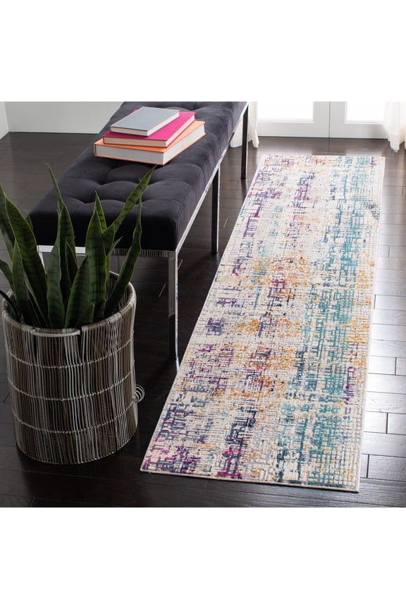 Aria Carleton Abstract Distressed Runner Rug, Ivory/Turquoise, 2' x 8'