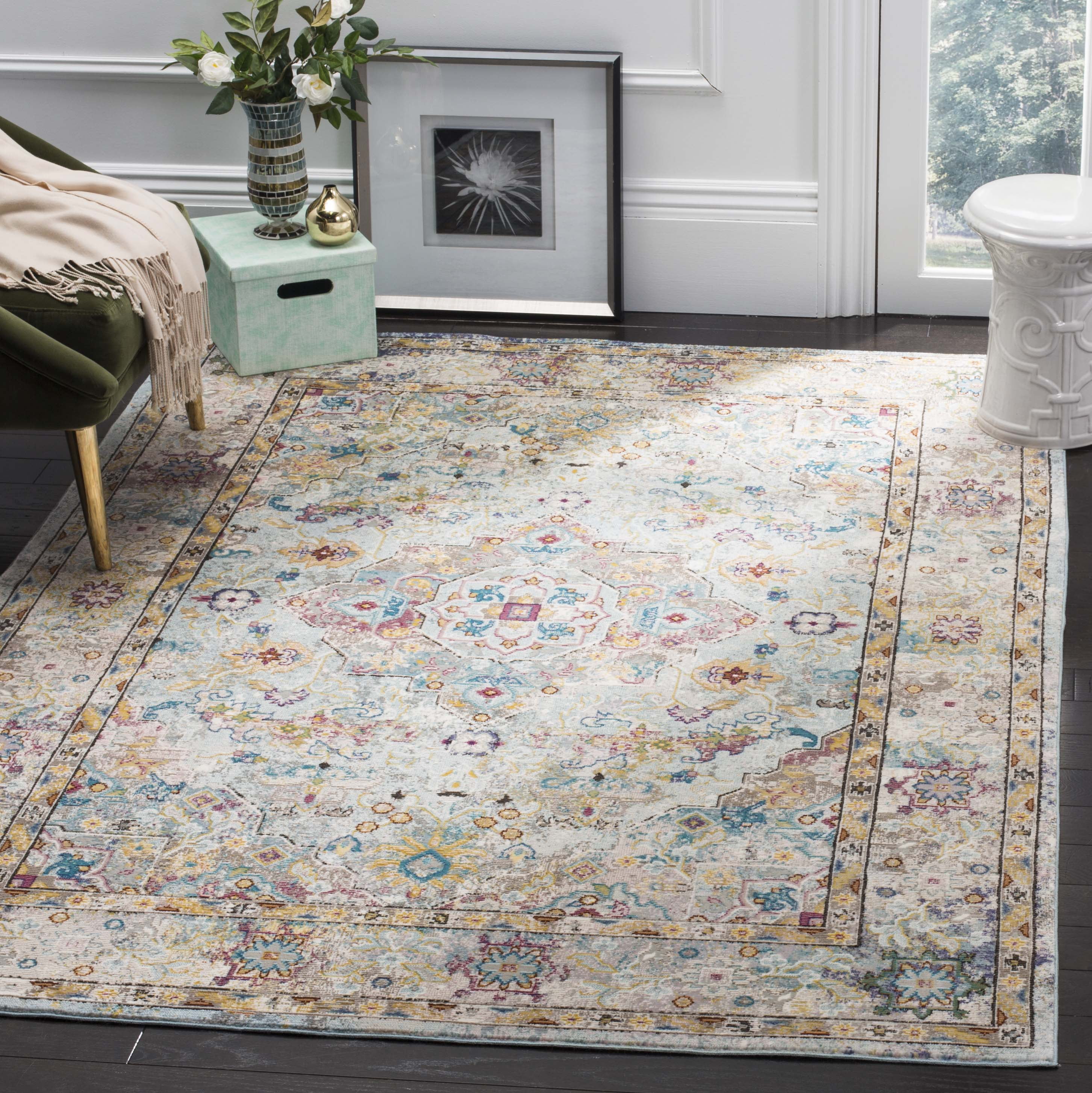 Beige and Blue Hand-knotted Synthetic Square Area Rug