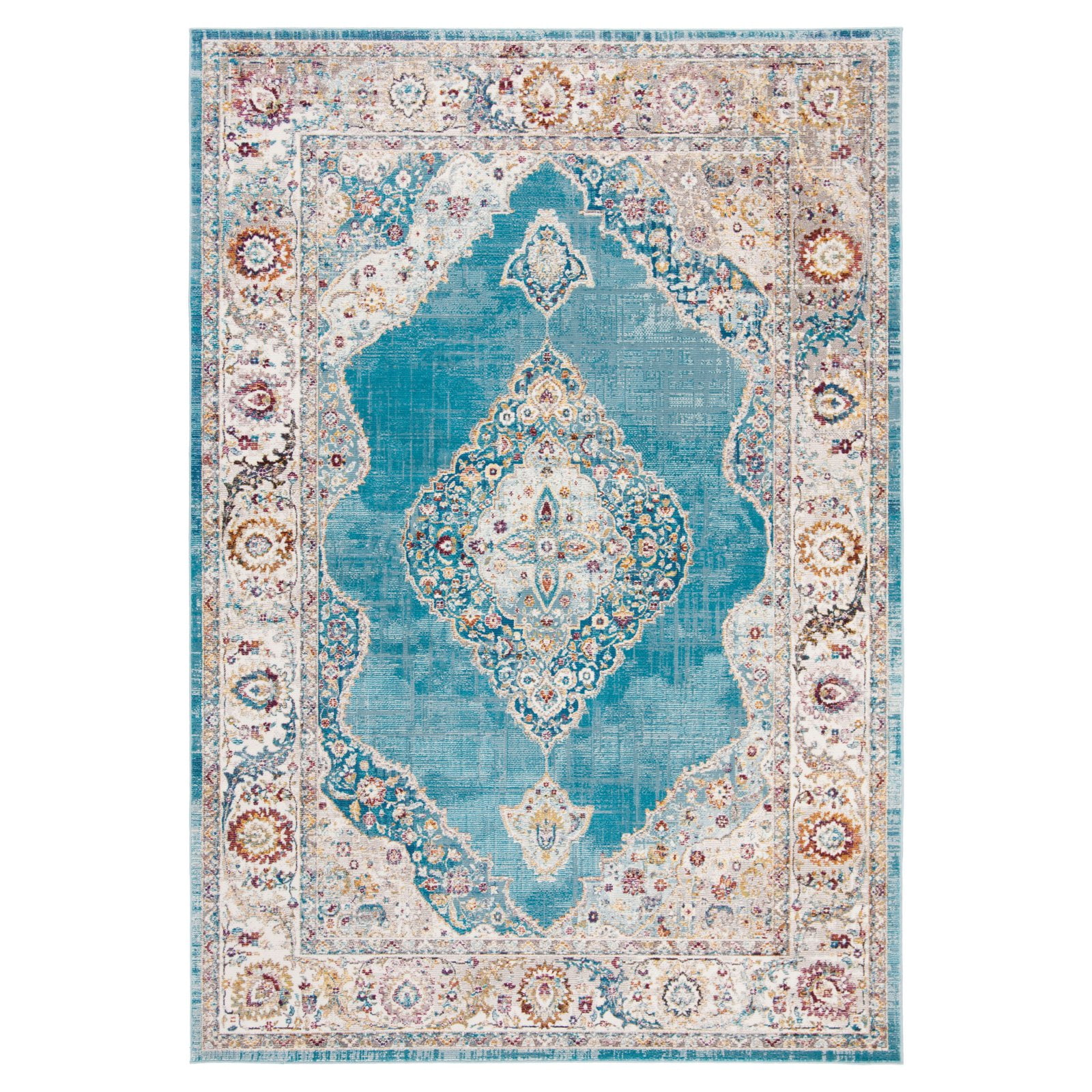Ivory and Navy Square Synthetic Area Rug, 6'5"