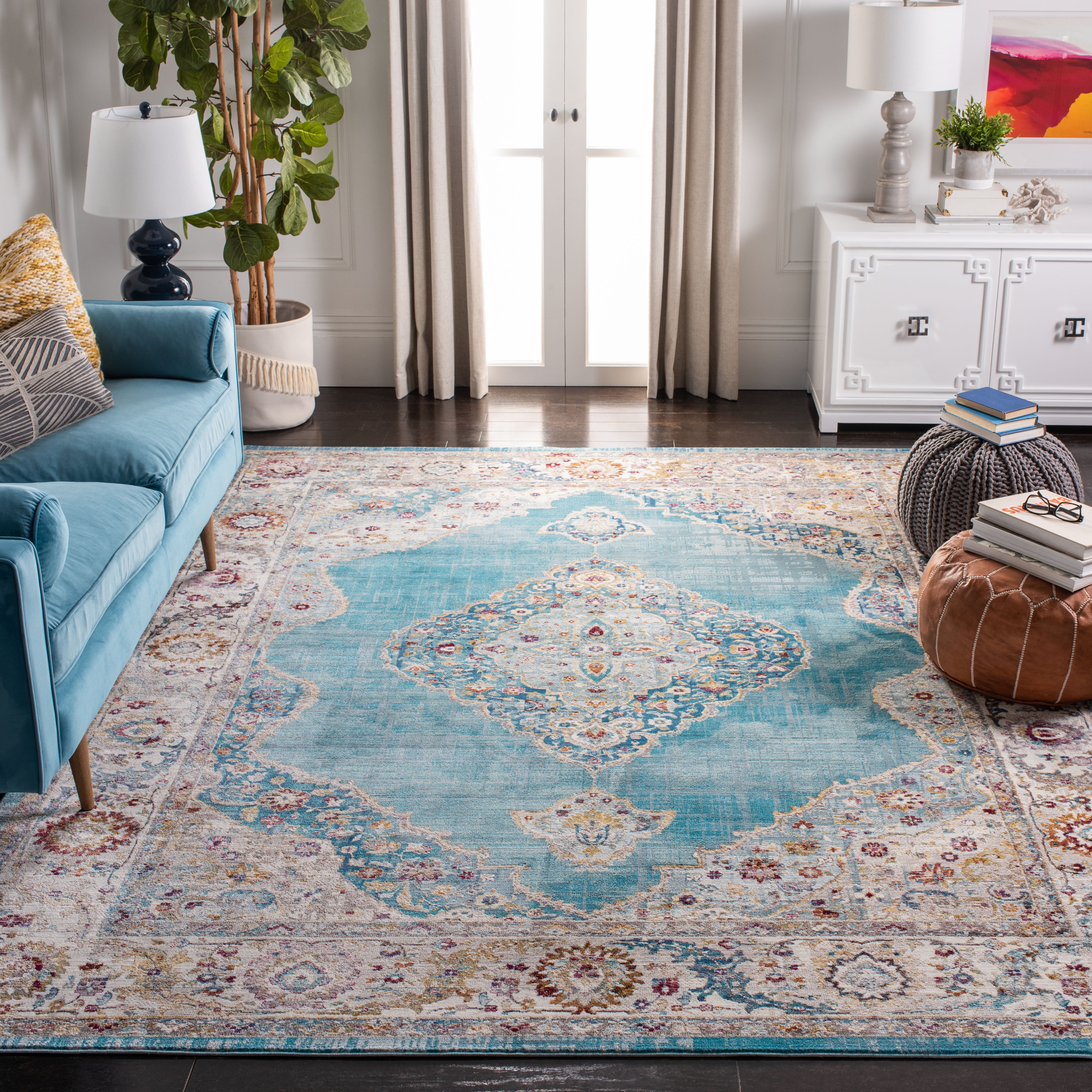 Ivory and Navy Rectangular Synthetic 8' x 10' Area Rug