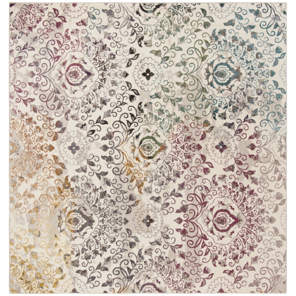 Cream and Multicolor Synthetic Square Area Rug, 6'5" x 6'5"