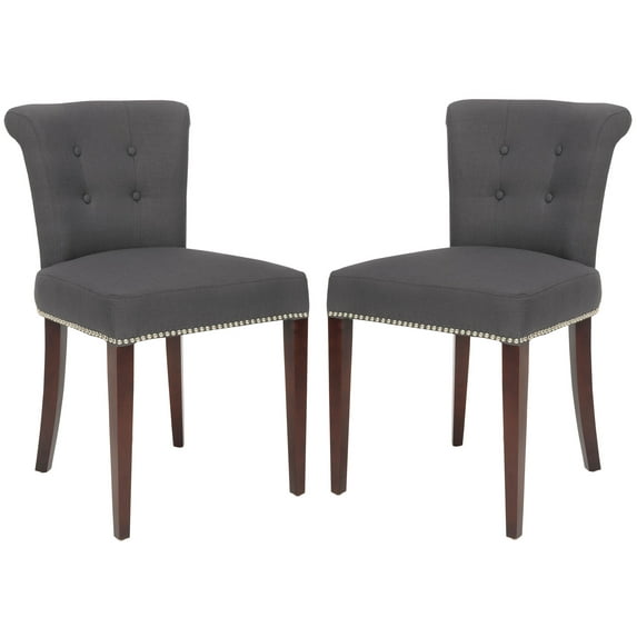 SAFAVIEH Arion Contemporary Linen Solid Dining Side Chair, Charcoal/Cherry Mahogany (Set of 2)