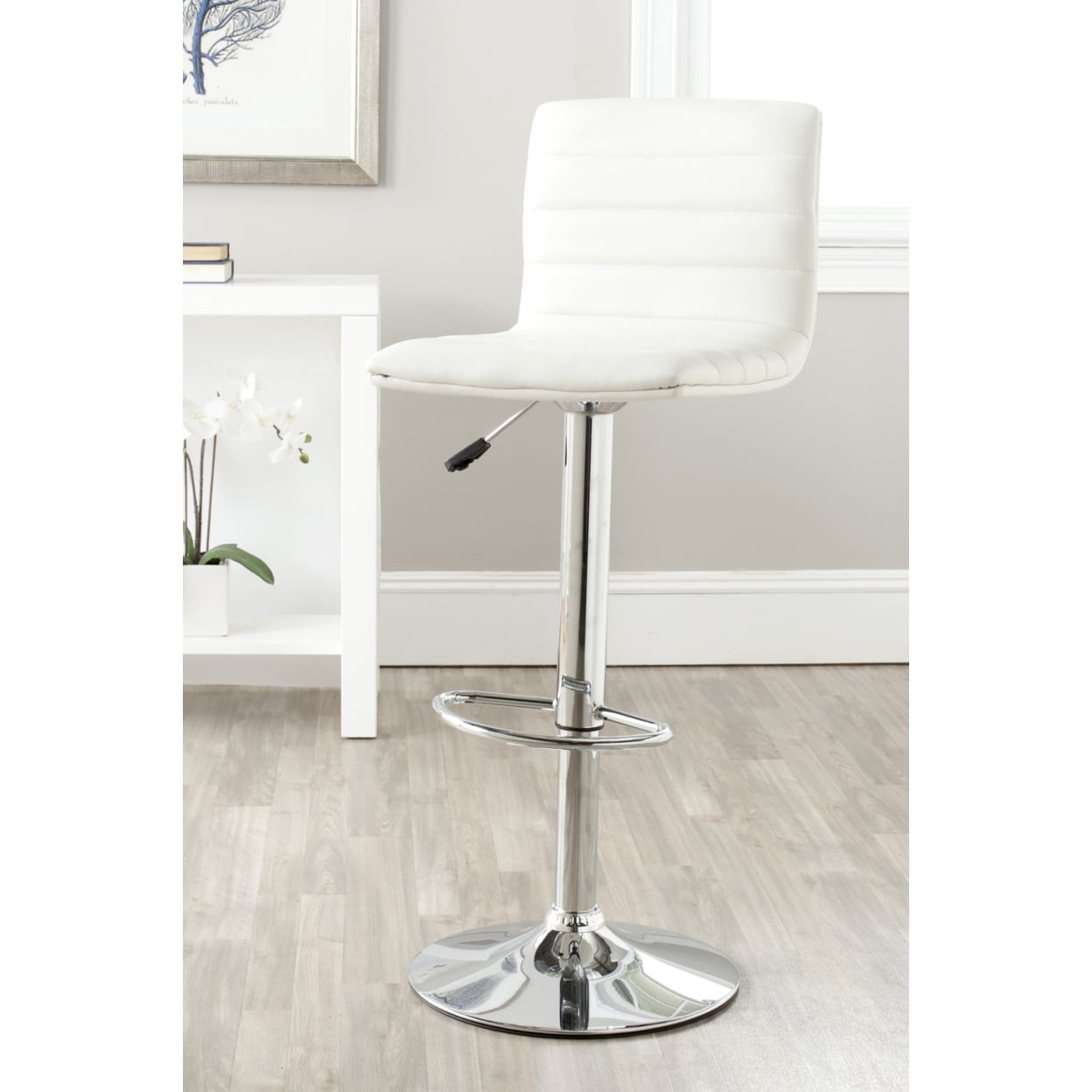 Transitional Swivel Adjustable Bar Stool in Chrome & White Leather