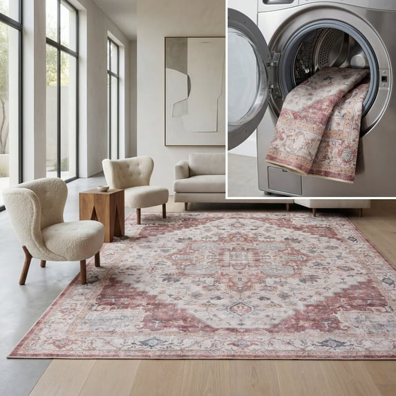 SAFAVIEH Arizona Alaia Medallion Polyester Area Rug, Beige/Rust, 5' x 8'