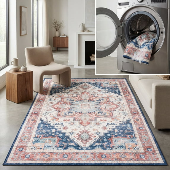 SAFAVIEH Arizona Alaia Medallion Polyester Machine Washable Area Rug, Rust/Dark Blue, 4' x 6'
