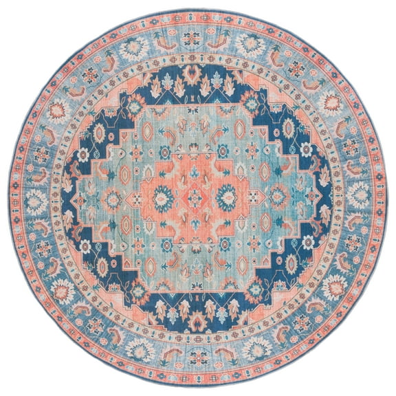 SAFAVIEH Arizona Alisia Medallion Machine Washable Area Rug, Blue/Rust, 6' x 6' Round