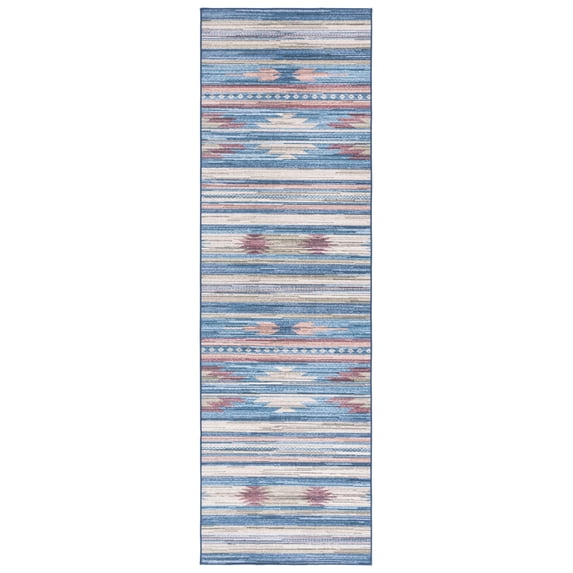 SAFAVIEH Arizona Aodhagan Aztec Machine Washable Runner Rug, Blue/Rust, 2'6" x 8'