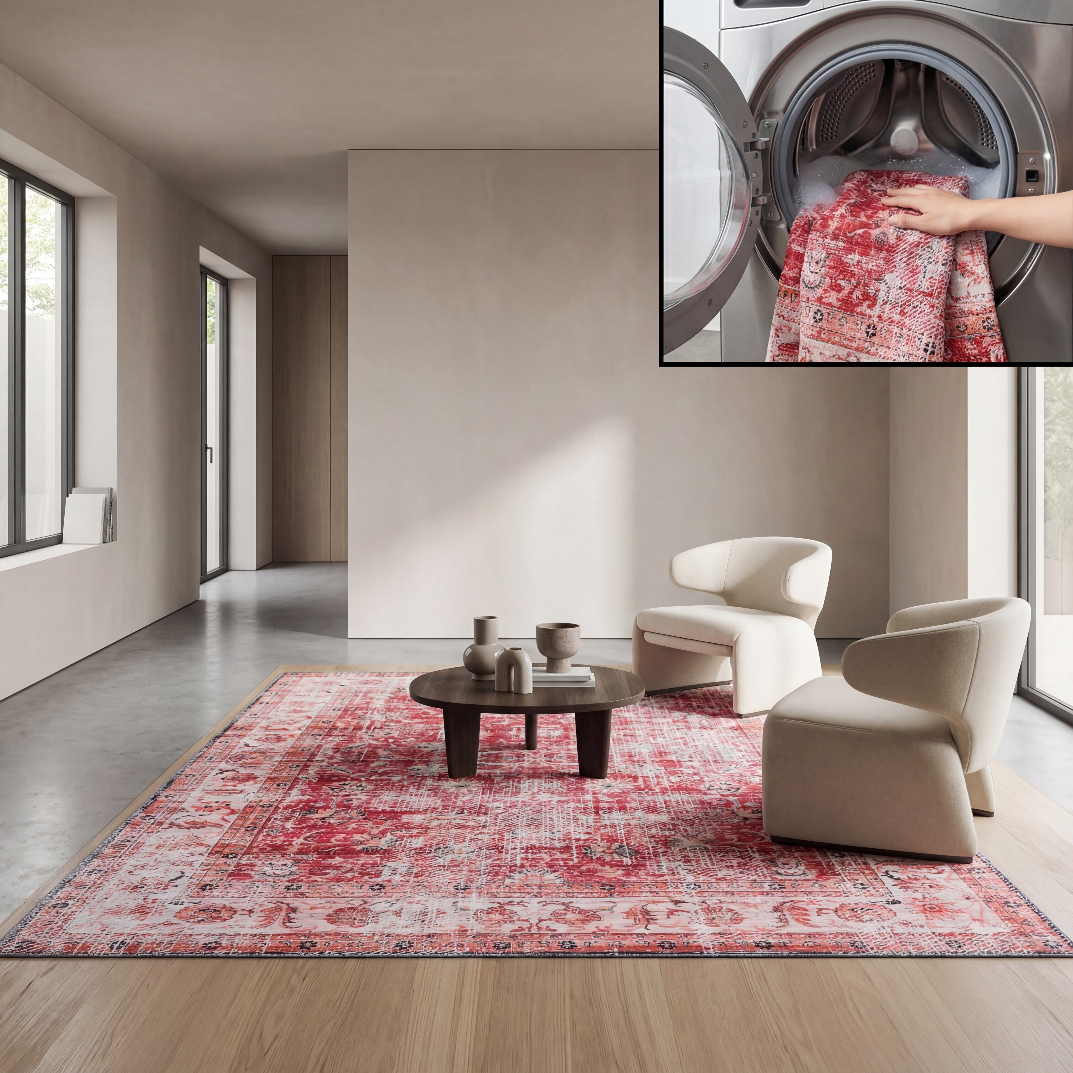 SAFAVIEH Arizona Aria Distressed Machine Washable Area Rug, Red/Beige ...