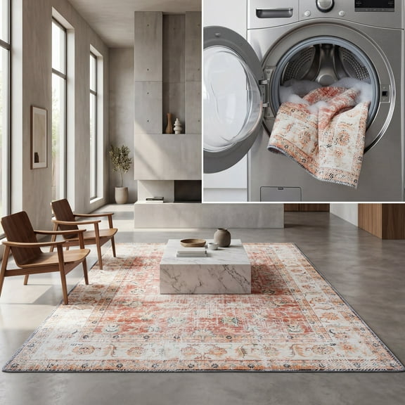 SAFAVIEH Arizona Aria Distressed Machine Washable Area Rug, Rust/Beige, 6' x 6' Square
