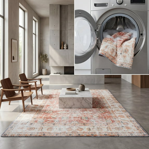 SAFAVIEH Arizona Aria Distressed Machine Washable Area Rug, Rust/Beige, 6' x 6' Square