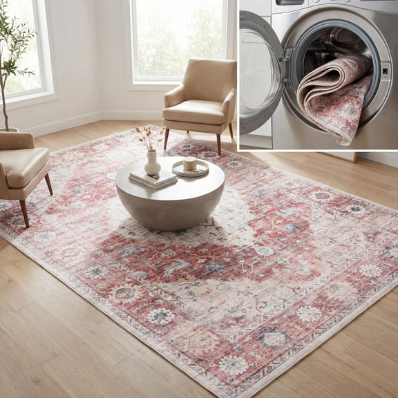 SAFAVIEH Arizona Asa Medallion Polyester Machine Washable Area Rug, Light Red/Beige, 4' x 6'