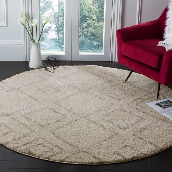 SAFAVIEH Arizona Basil Geometric Diamonds Shag Area Rug, Ivory/Beige, 5'1" x 5'1" Round