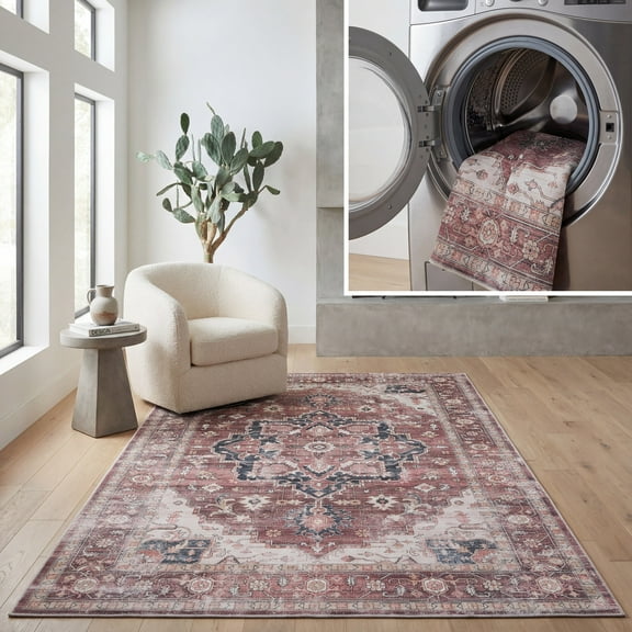 SAFAVIEH Arizona Beckah Medallion Machine Washable Area Rug, Dark Red/Beige, 9' x 12'