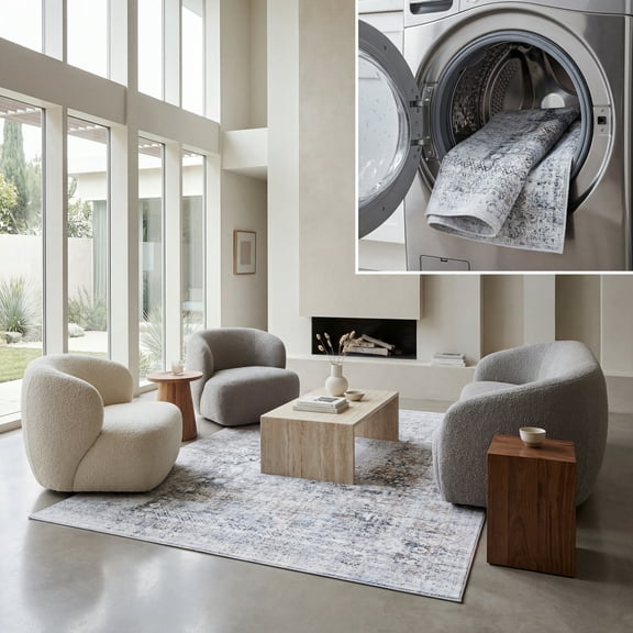 SAFAVIEH Arizona Carson Distressed Polyester Machine Washable Area Rug, Beige/Charcoal, 8' x 10'