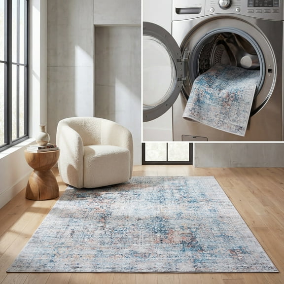 SAFAVIEH Arizona Carson Distressed Polyester Machine Washable Area Rug, Blue/Rust, 4' x 6'